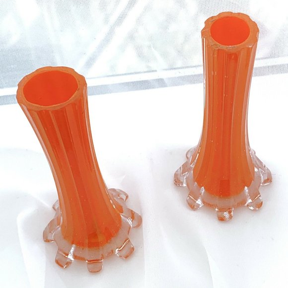 SOLD Pair Vintage Orange Glass Mini Fluted Vases - Picture 4 of 8